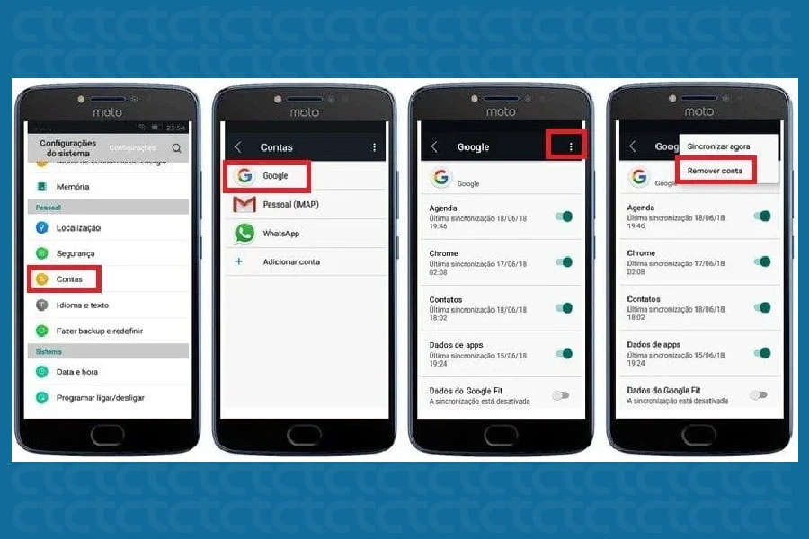 Passos para remover a conta Google no celular Motorola.