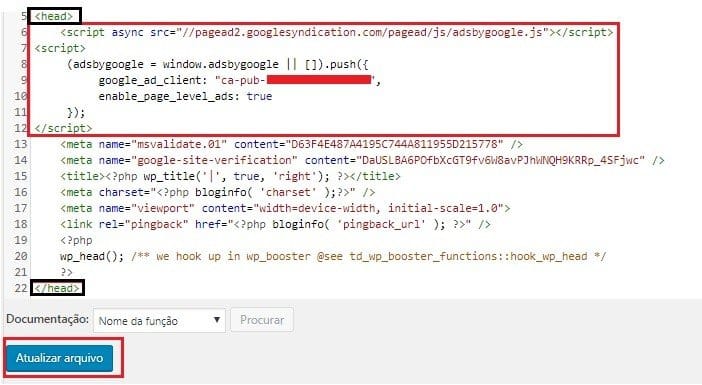 Copiando e inserindo o código do Anúncio Automático no tema WordPress