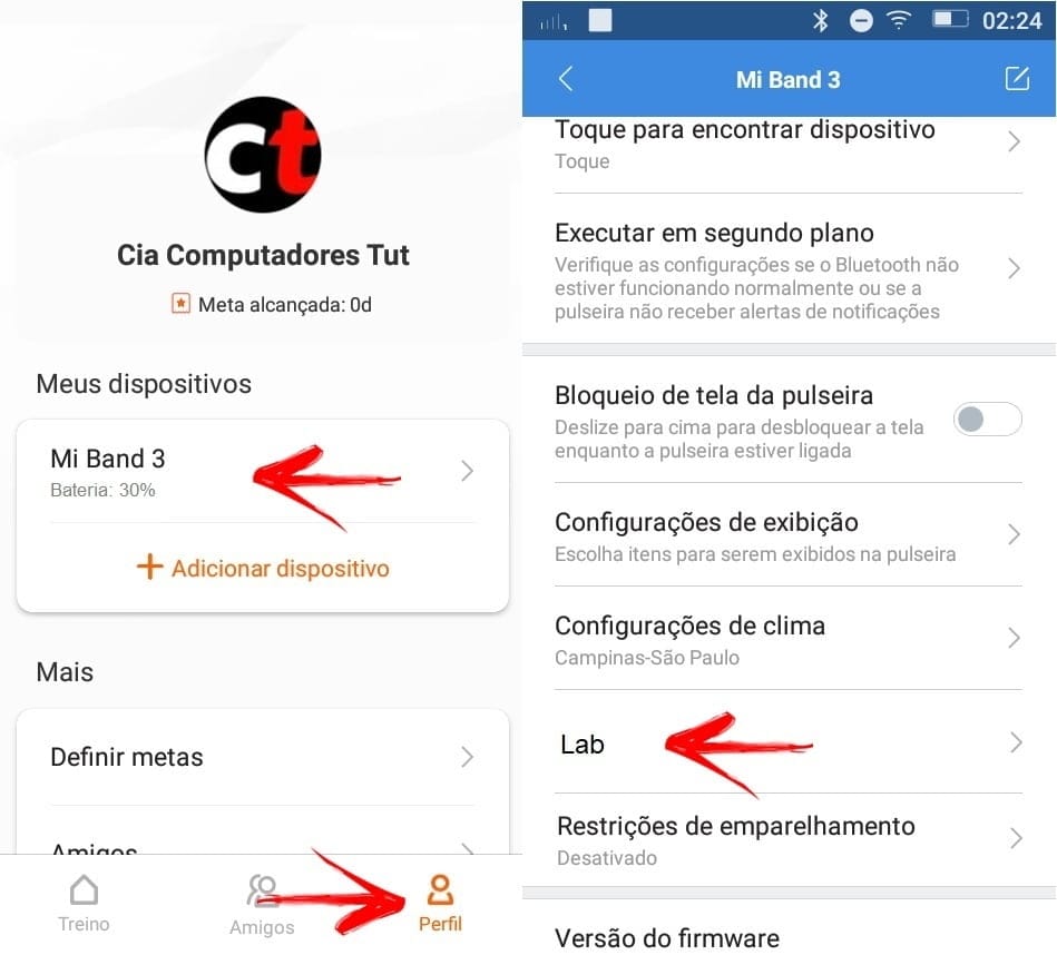 Tela de perfil e opção Lab do aplicativo Mi Fit