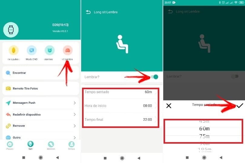Ativando o alerta de sedentarismo no smartwatch D20