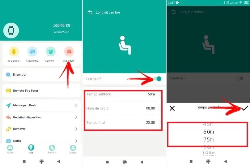 Ativando o alerta de sedentarismo no smartwatch D20