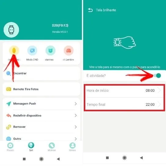 Ativando a função "Levante o pulso" no smartwatch D20