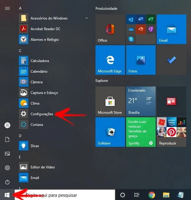 Menu iniciar do windows 10