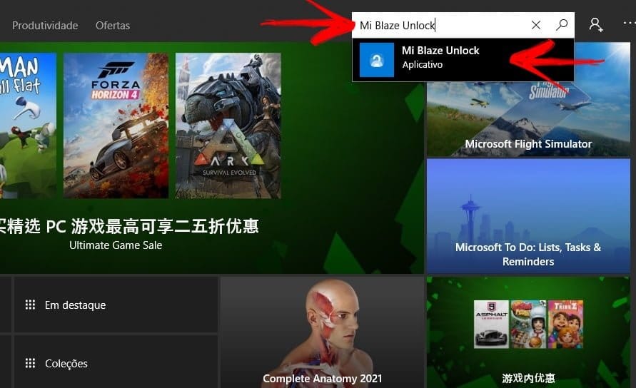 Pesquisando o Mi Blaze Unlock na Microsoft Store