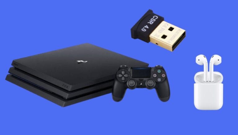 PS4, controle, adaptador bluetooth e Airpods
