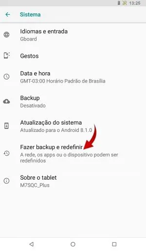 Como formatar o tablet infantil Multilaser pelas configurações passo 3.