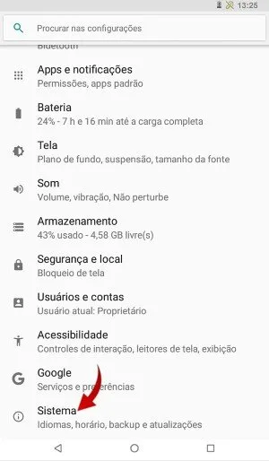 Como formatar o tablet infantil Multilaser pelas configurações passo 2.
