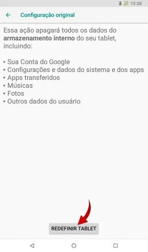 Como formatar o tablet infantil Multilaser pelas configurações passo 5.