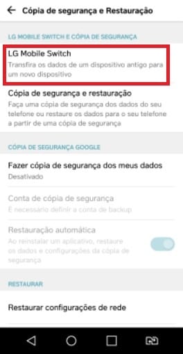 Criando backup no cartão de memória com o LG Mobile Switch