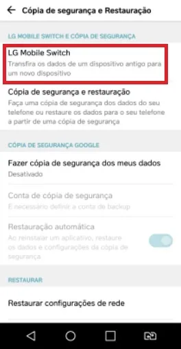 Criando backup no cartão de memória com o LG Mobile Switch