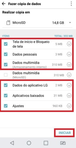 Criando backup no cartão de memória com o LG Mobile Switch