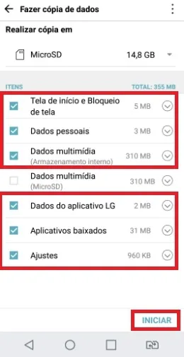 Criando backup no cartão de memória com o LG Mobile Switch