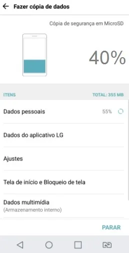 Criando backup no cartão de memória com o LG Mobile Switch