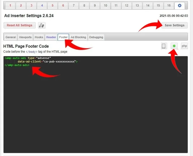 Acessando a aba footer do plugin Ad Inserter