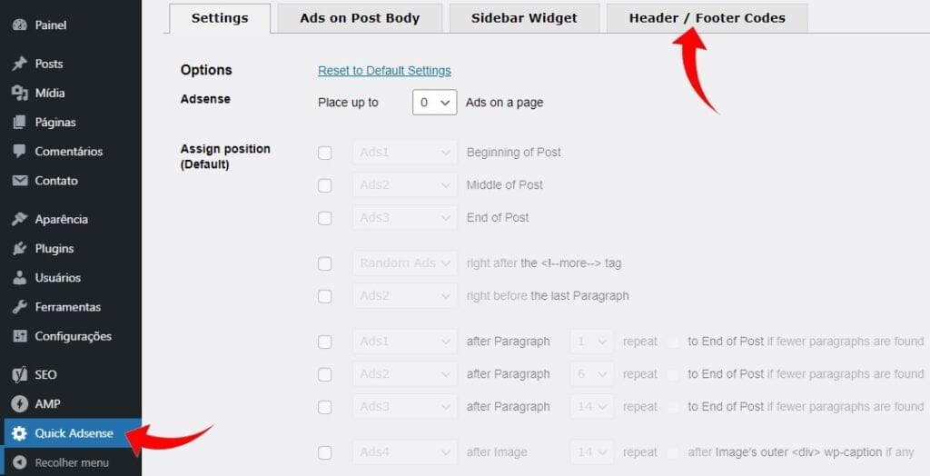Aba header e footer plugin Quick Adsense