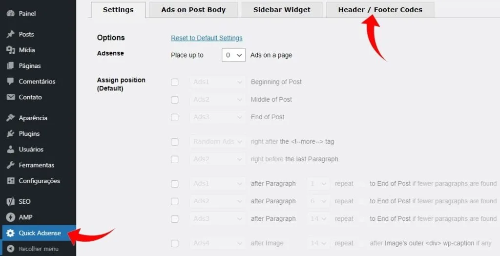 Aba header e footer plugin Quick Adsense