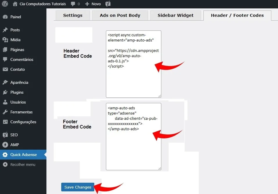 Adicionando códigos amp auto ads no plugin Quick Adsense