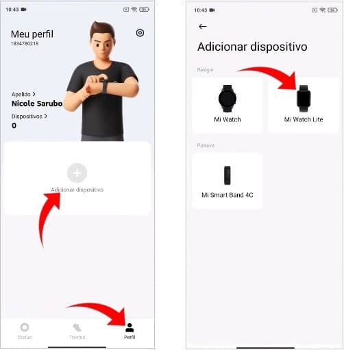 selecionando a Mi Watch Lite no aplicativo Xiaomi Wear.