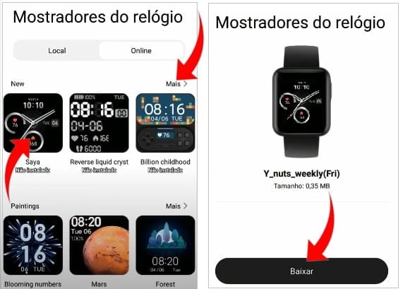 Baixando watchface no aplicativo Xiaomi Wear.