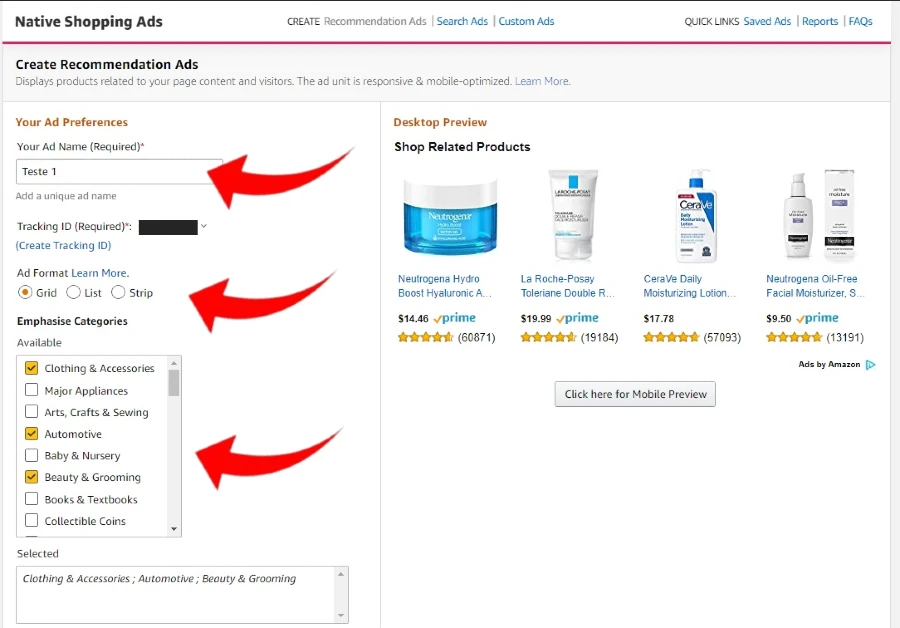 Obtendo o código de anúncio Native Shopping Ads Amazon