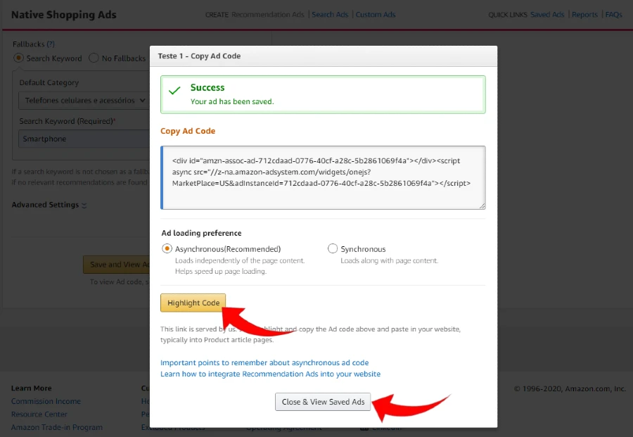 Obtendo o código de anúncio Native Shopping Ads Amazon