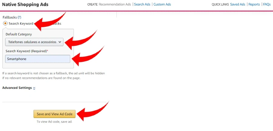 Obtendo o código de anúncio Native Shopping Ads Amazon