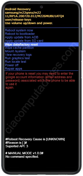 Como formatar o Samsung Galaxy M22 pelo modo de recuperação?