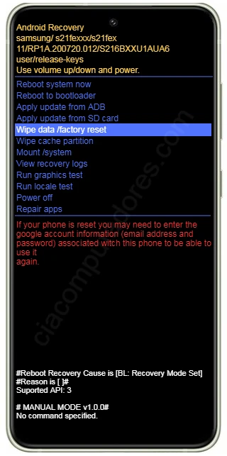Como formatar Samsung Galaxy S21 FE 5G pelo modo de recuperação?