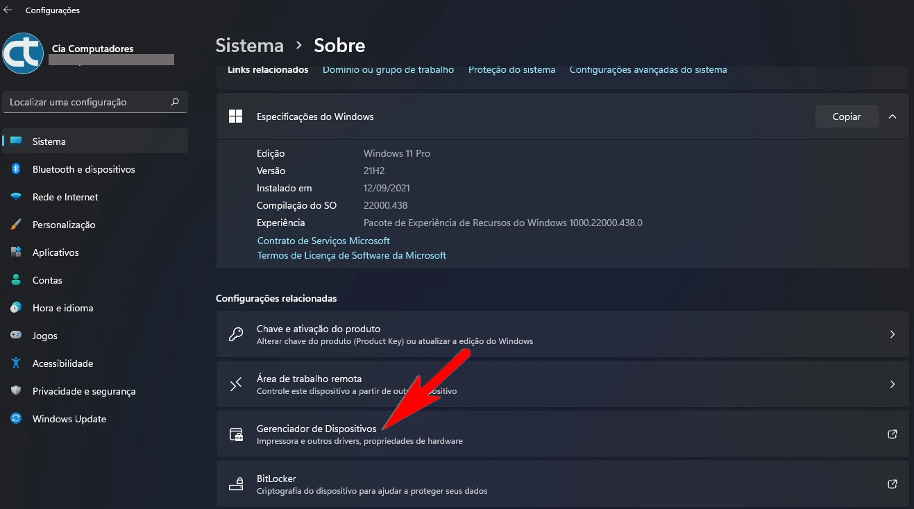 Como acessar o Gerenciador de Dispositivos através das Configurações?