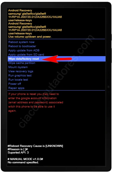 Como formatar Samsung Galaxy Tab A8 (2022) pelo modo de recuperação?