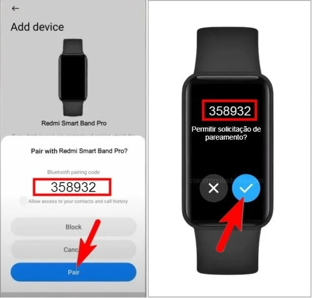 Confirmando o código de emparelhamento na Redmi Smart Band Pro.