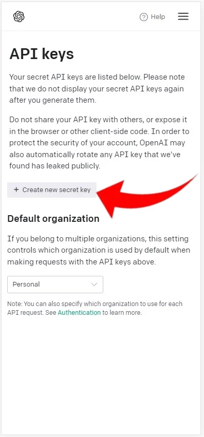 Criando uma chave API no site OpenAI
