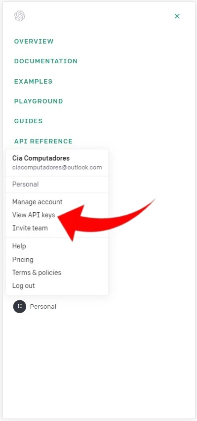 Criando uma chave API no site OpenAI