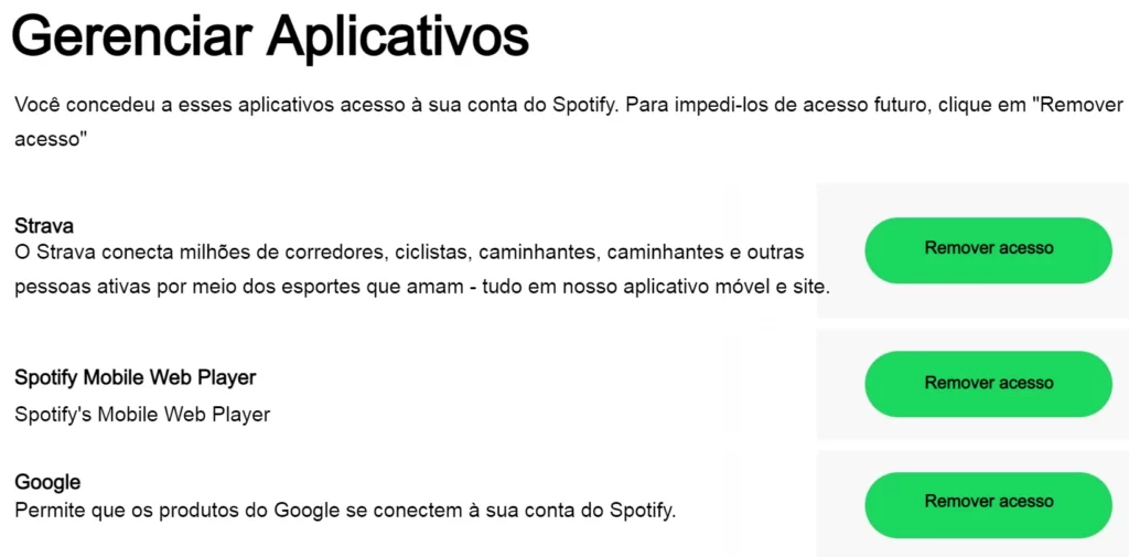 Remover acesso do Strava, Spotify e produtos Google.