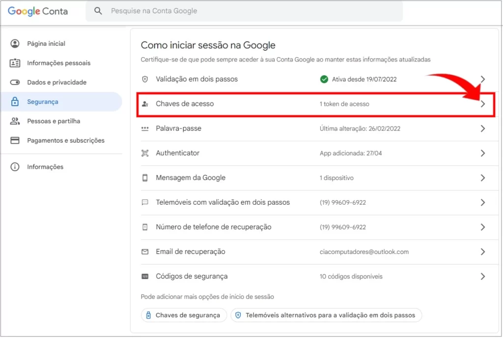 Selecionando a opção "Chaves de acesso".