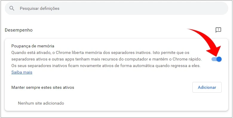 Ativando ou desativando a Economia de memória do Google Chrome.