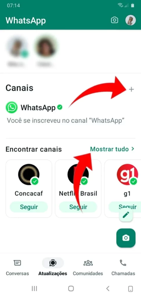 Opção Mostrar Todos os Canais ou Encontrar Canais no WhatsApp.