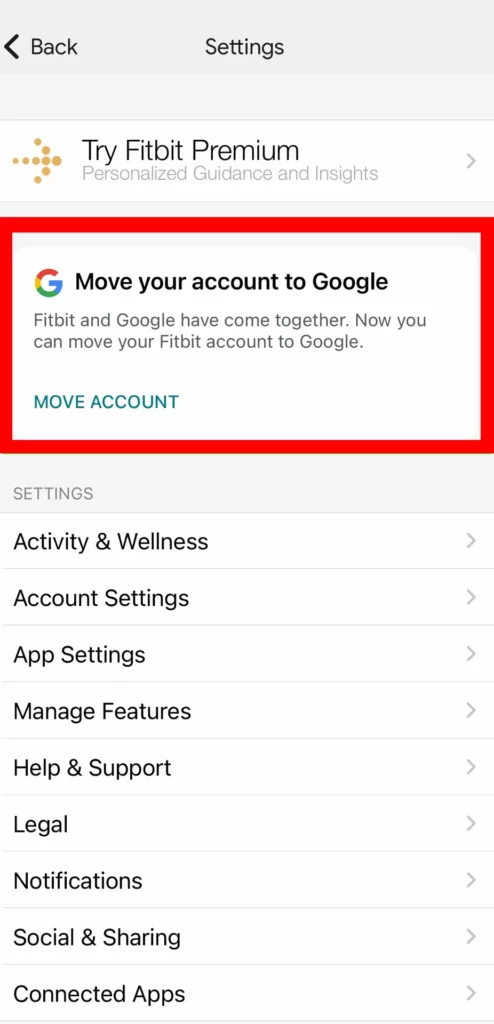 Passos para transferir sua conta Fitbit para uma conta Google existente