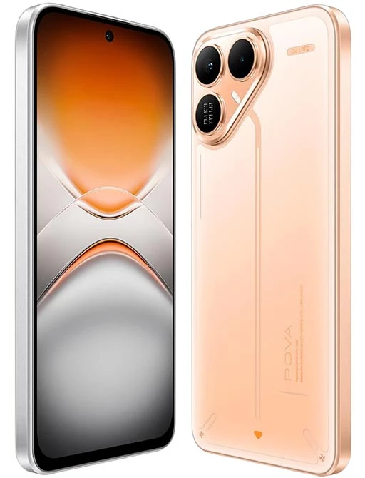 Imagem em alta definição mostrando a tela frontal com câmera punch-hole e a traseira elegante na cor dourada/pêssego com módulo de câmera tripla estilizado.