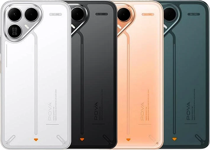 Imagem exibe o design traseiro completo do smartphone nas versões Arc White, Graphite Black, Helios Orange e Echo Green.