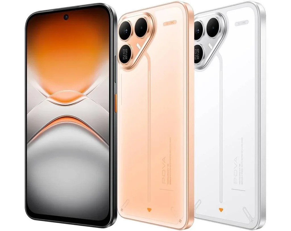 Imagem oficial mostrando o display frontal e a traseira elegante nas versões dourado/pêssego e branco prateado.