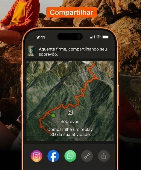 Aplicativo Strava em português destacando a função 'Compartilhar'.